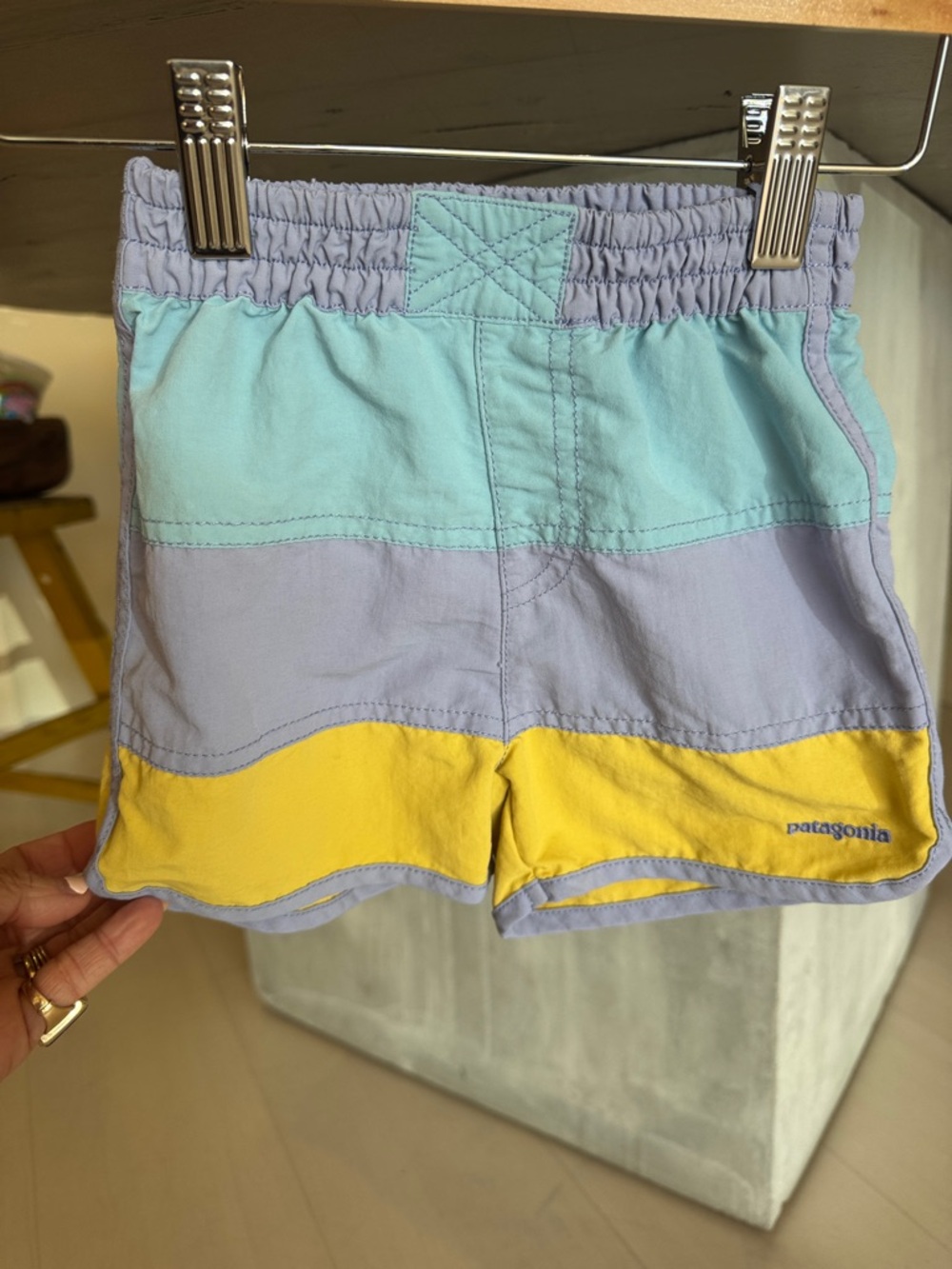 Patagonia Girls' or Boys Colorblock Swim Shorts in Mint, Lavender & Yellow